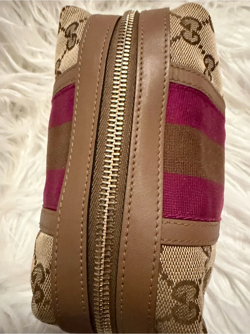 Gucci Beige GG Canvas Cosmetic Pouch with Pink and Brown Center Stripe